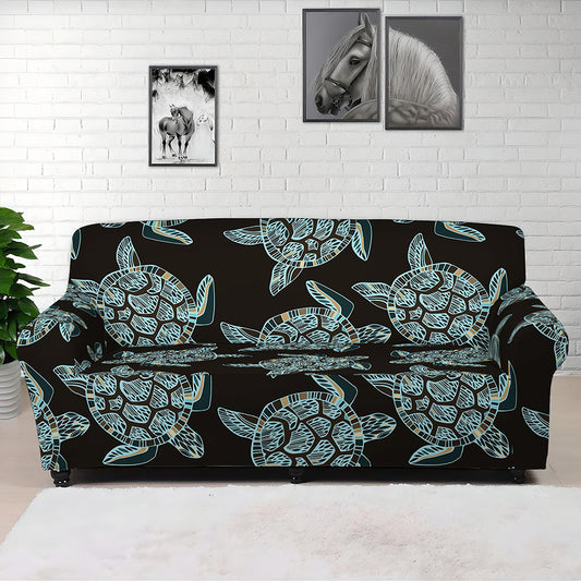 Blue And Black Sea Turtle Pattern Print Sofa Cover