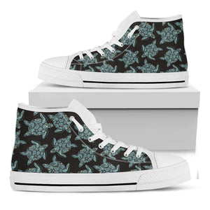 Blue And Black Sea Turtle Pattern Print White High Top Shoes