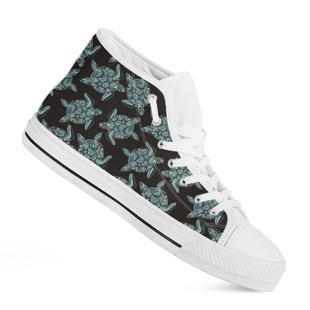 Blue And Black Sea Turtle Pattern Print White High Top Shoes