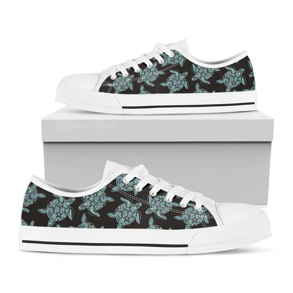 Blue And Black Sea Turtle Pattern Print White Low Top Shoes