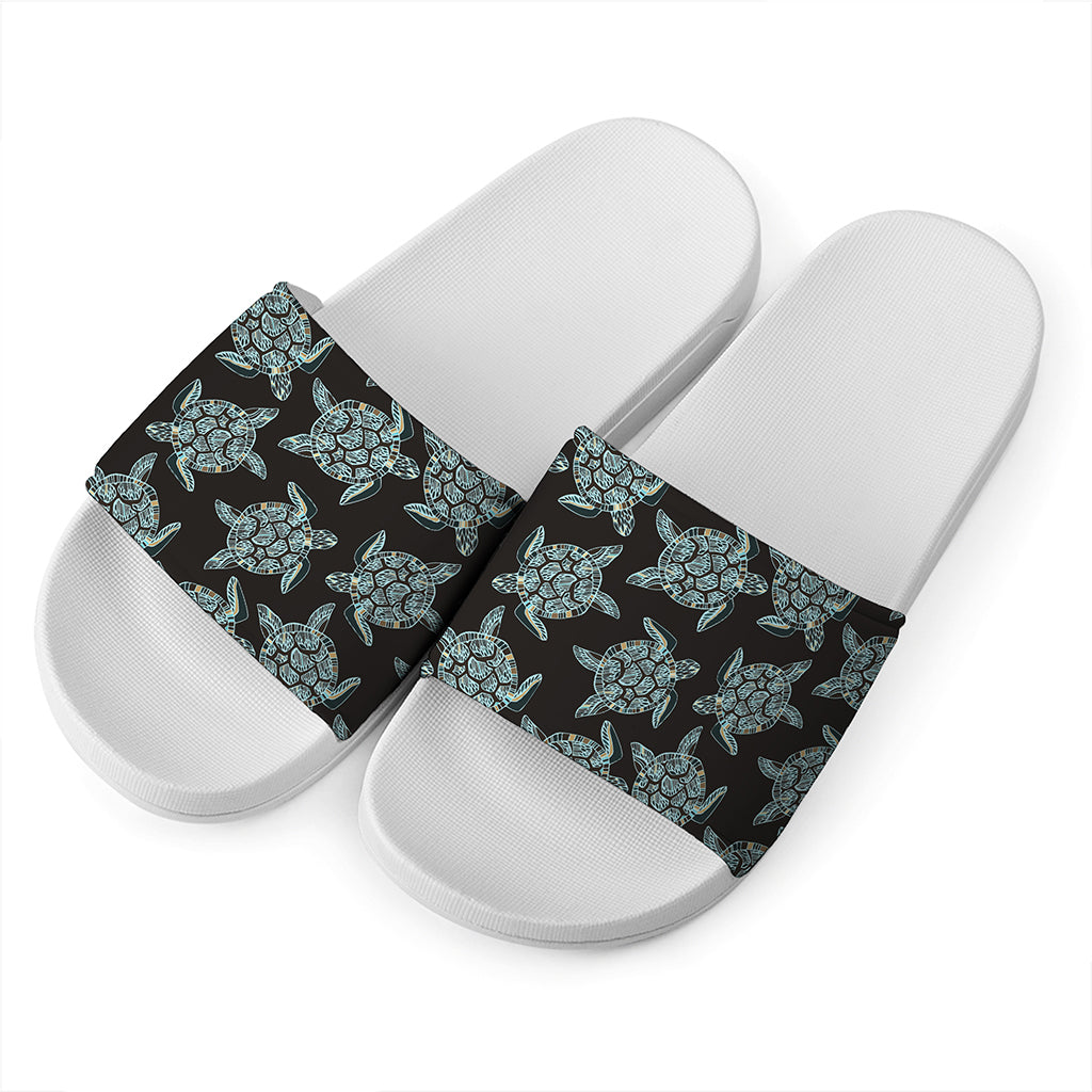 Blue And Black Sea Turtle Pattern Print White Slide Sandals