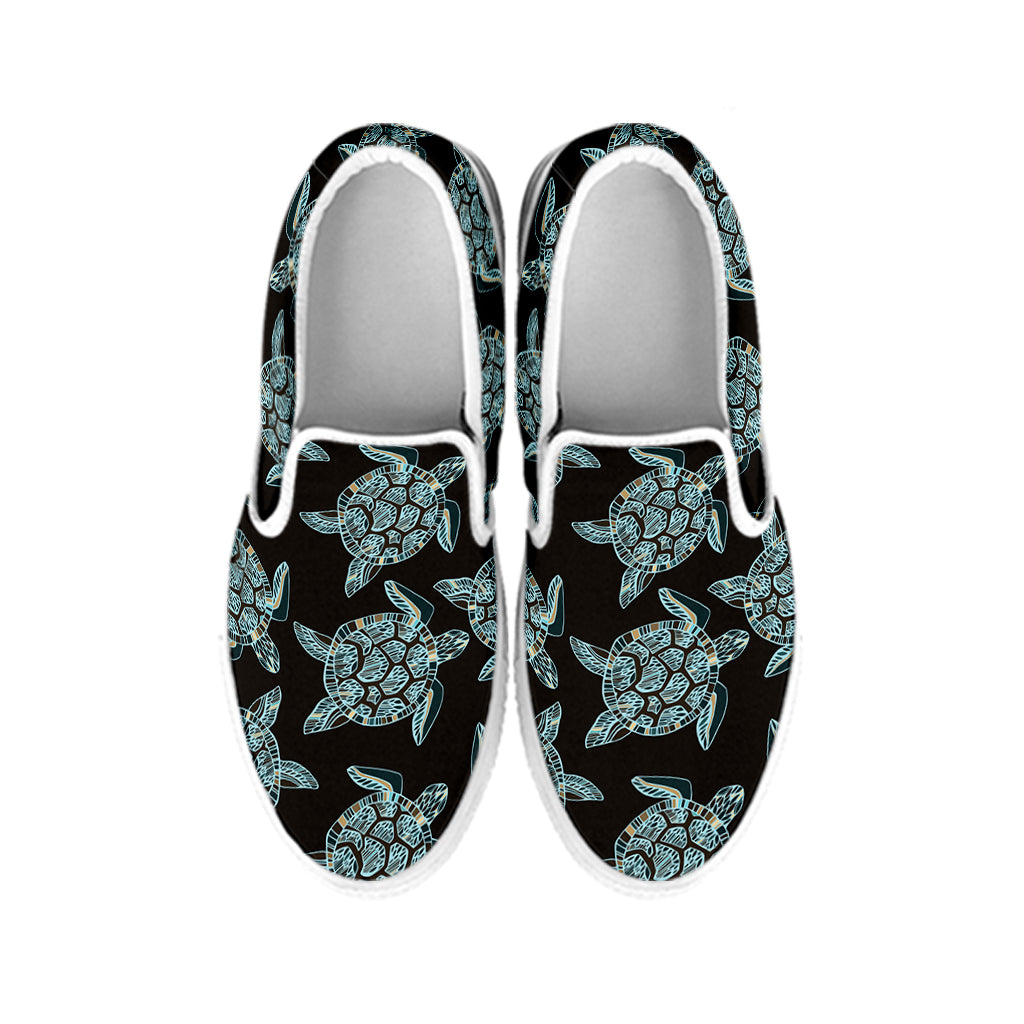 Blue And Black Sea Turtle Pattern Print White Slip On Shoes