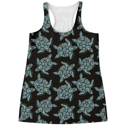 Blue And Black Sea Turtle Pattern Print Women's Racerback Tank Top