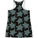 Blue And Black Sea Turtle Pattern Print Women's Racerback Tank Top
