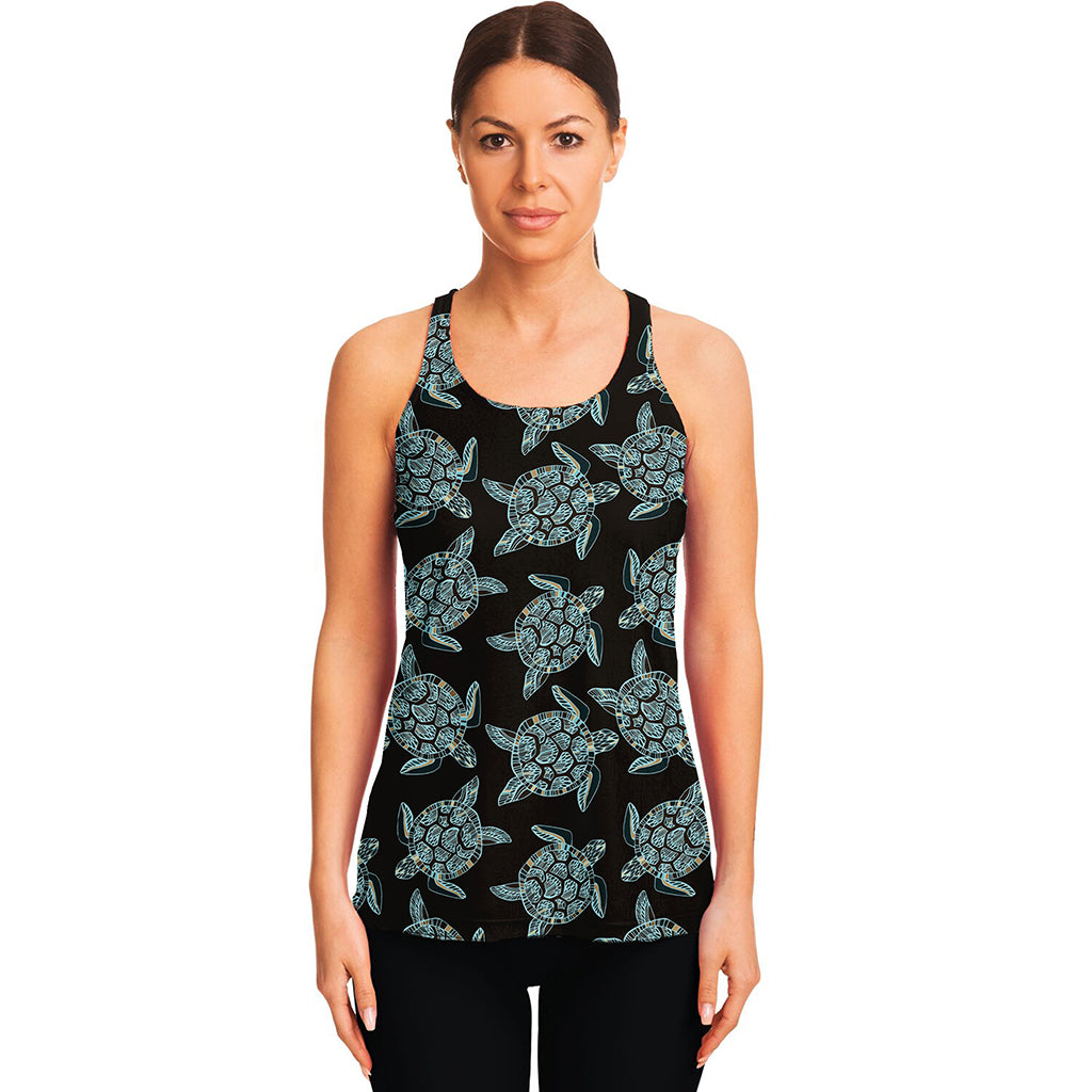 Blue And Black Sea Turtle Pattern Print Women's Racerback Tank Top