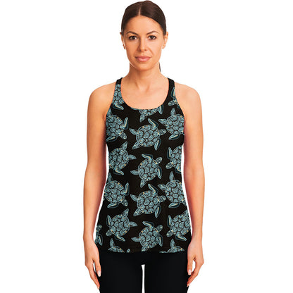 Blue And Black Sea Turtle Pattern Print Women's Racerback Tank Top