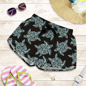 Blue And Black Sea Turtle Pattern Print Women's Shorts