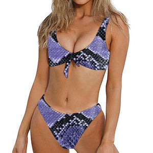 Blue And Black Snakeskin Print Front Bow Tie Bikini