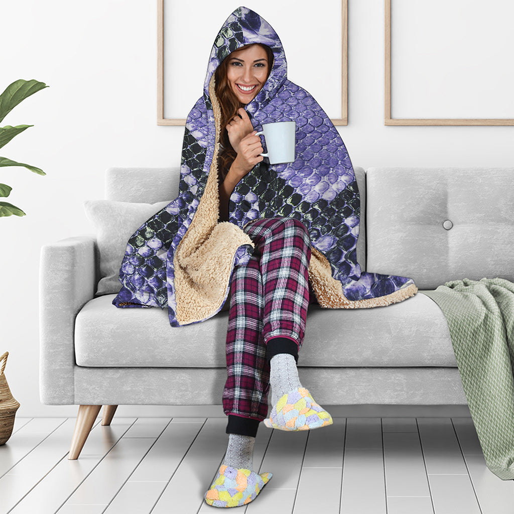 Blue And Black Snakeskin Print Hooded Blanket