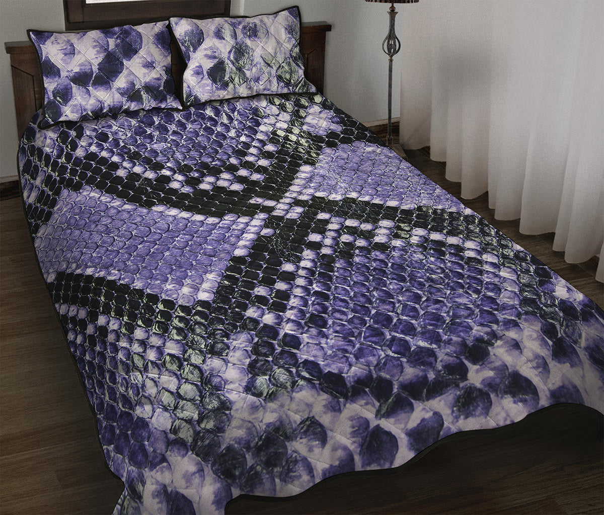 Blue And Black Snakeskin Print Quilt Bed Set