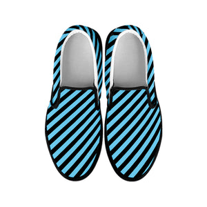 Blue And Black Stripes Pattern Print Black Slip On Shoes