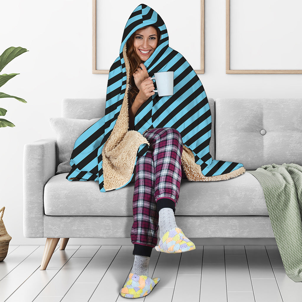 Blue And Black Stripes Pattern Print Hooded Blanket