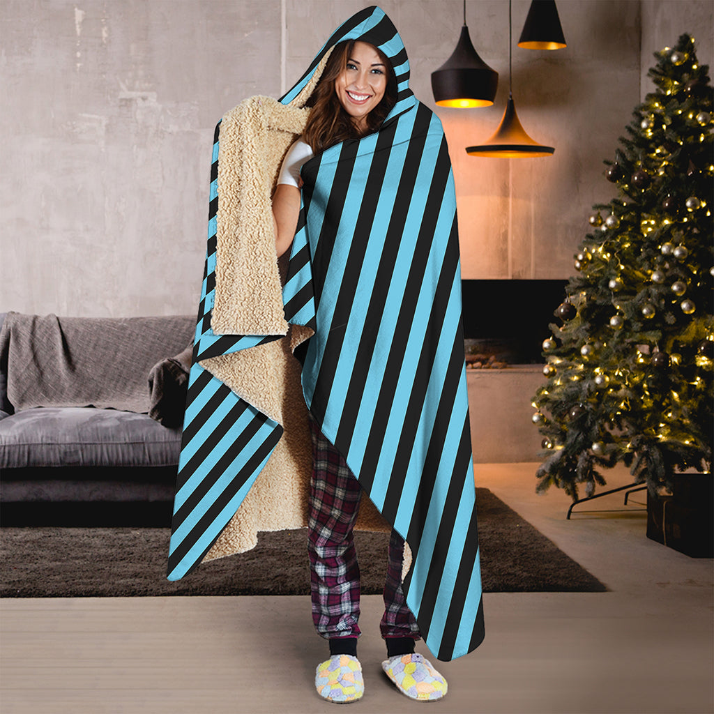 Blue And Black Stripes Pattern Print Hooded Blanket