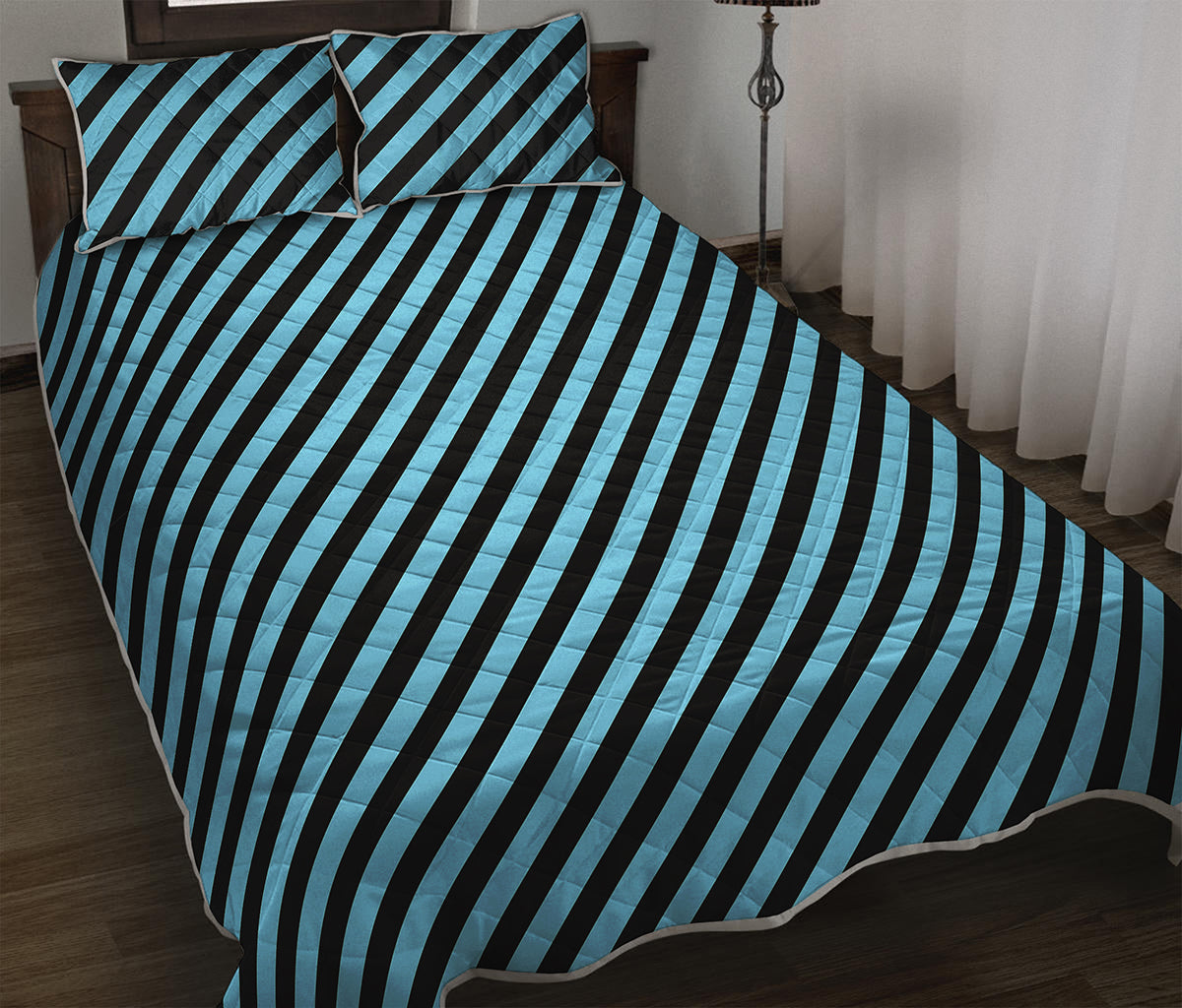 Blue And Black Stripes Pattern Print Quilt Bed Set