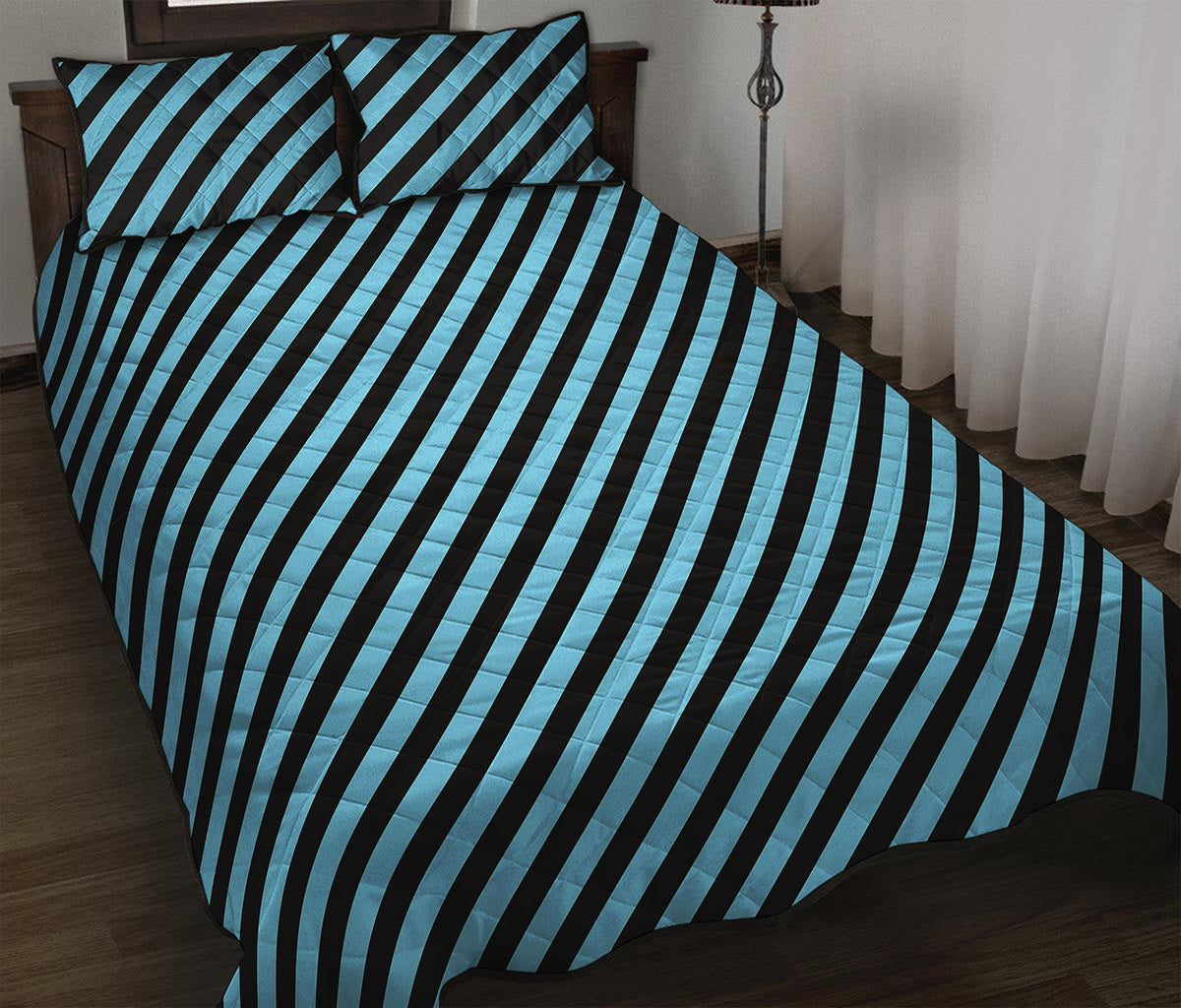 Blue And Black Stripes Pattern Print Quilt Bed Set