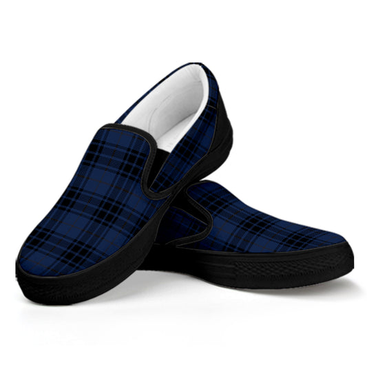 Blue And Black Tartan Pattern Print Black Slip On Shoes