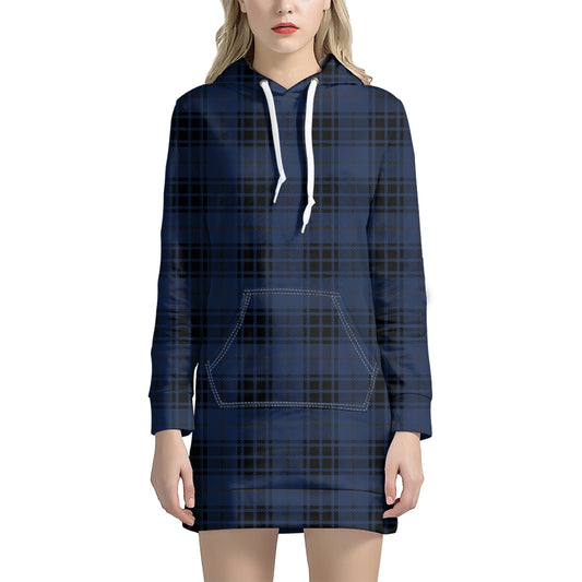 Blue And Black Tartan Pattern Print Hoodie Dress