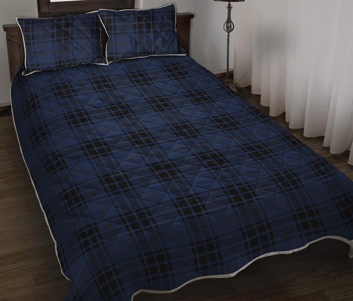 Blue And Black Tartan Pattern Print Quilt Bed Set