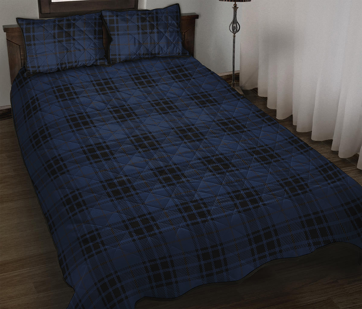 Blue And Black Tartan Pattern Print Quilt Bed Set