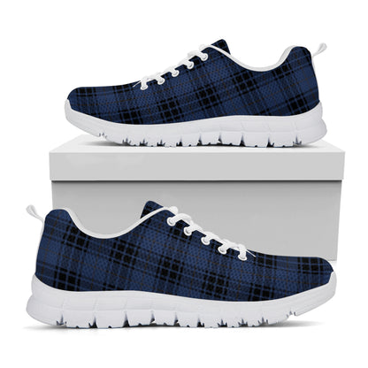 Blue And Black Tartan Pattern Print White Sneakers