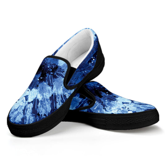 Blue And Black Tie Dye Print Black Slip On Shoes