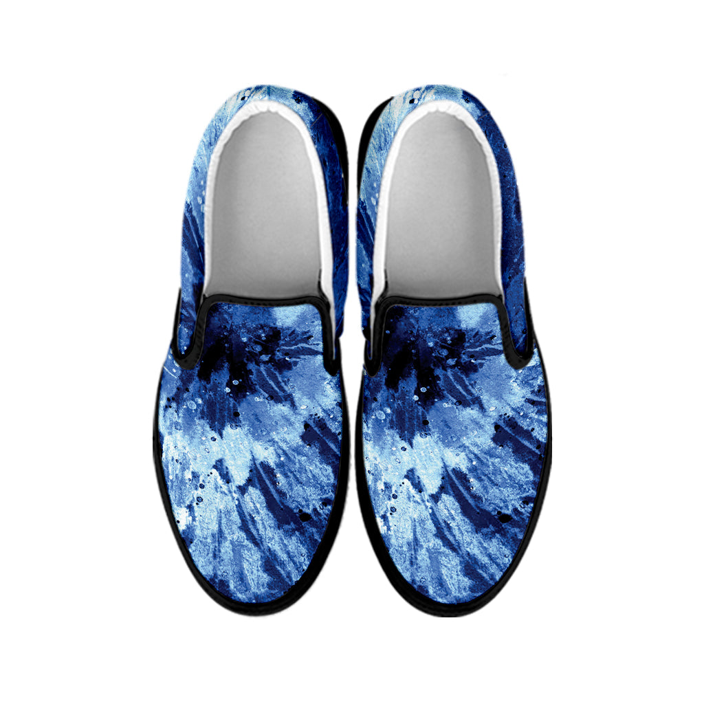 Blue And Black Tie Dye Print Black Slip On Shoes