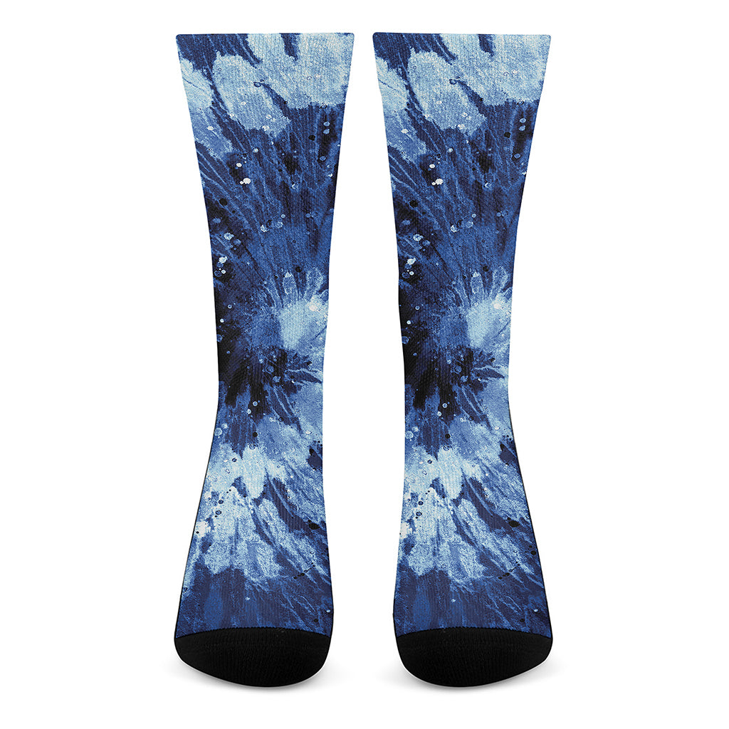 Blue And Black Tie Dye Print Crew Socks