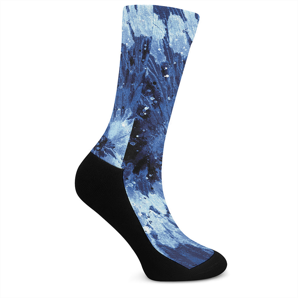 Blue And Black Tie Dye Print Crew Socks