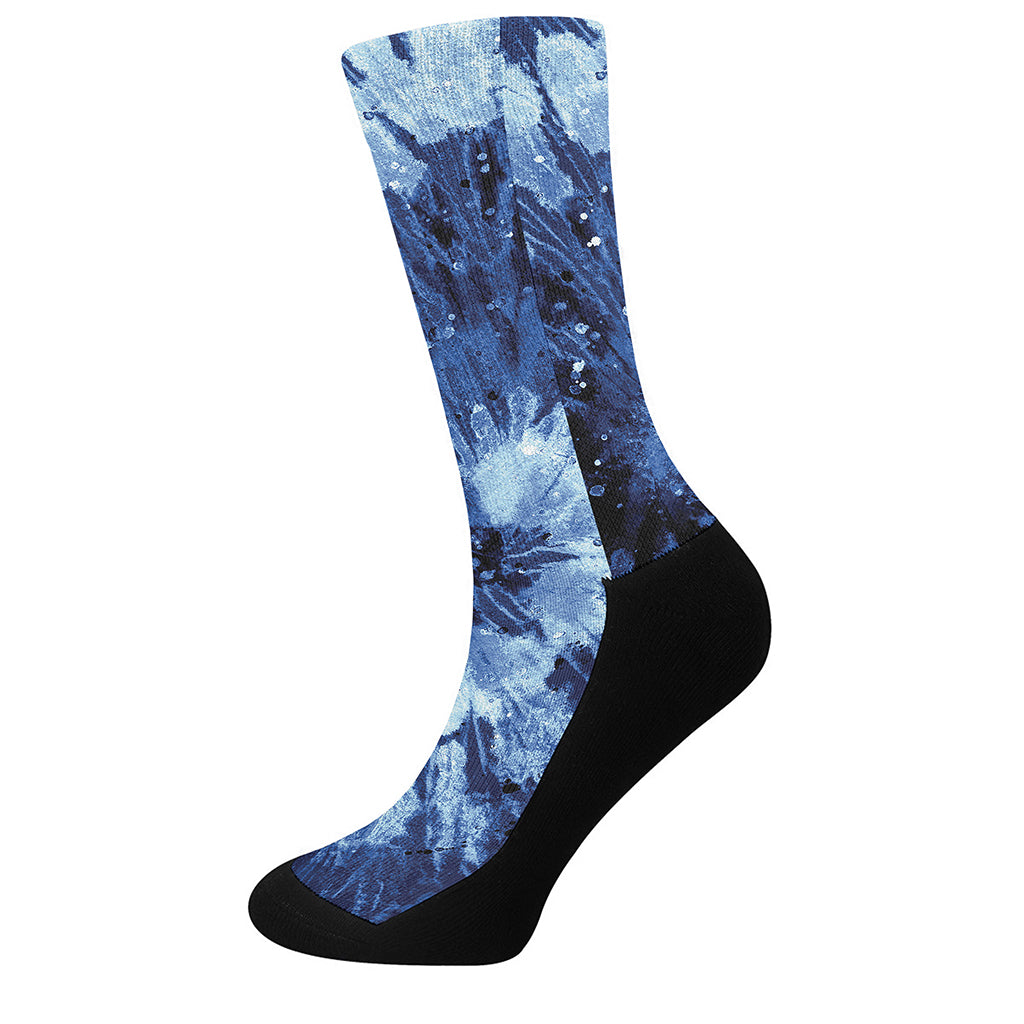 Blue And Black Tie Dye Print Crew Socks