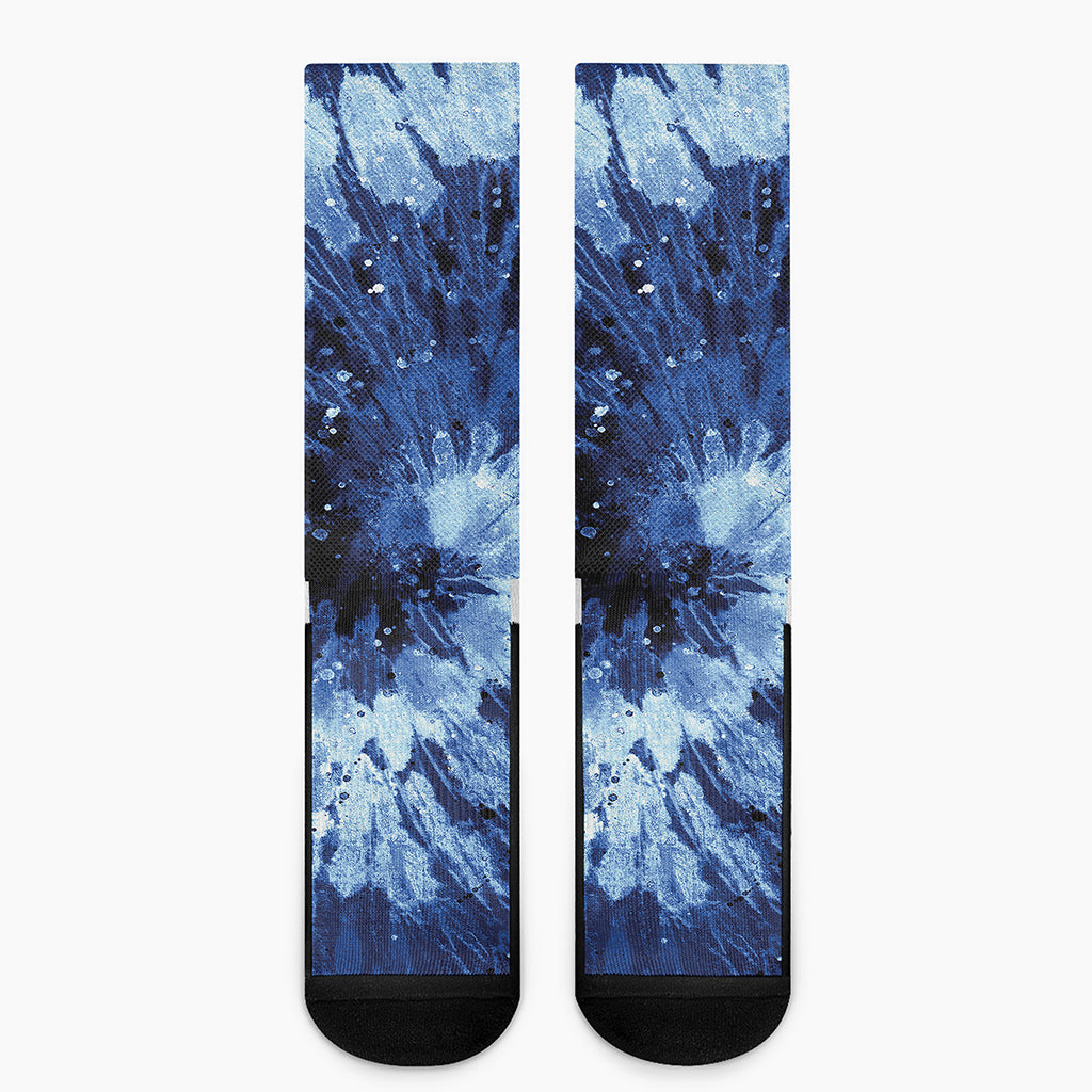 Blue And Black Tie Dye Print Crew Socks