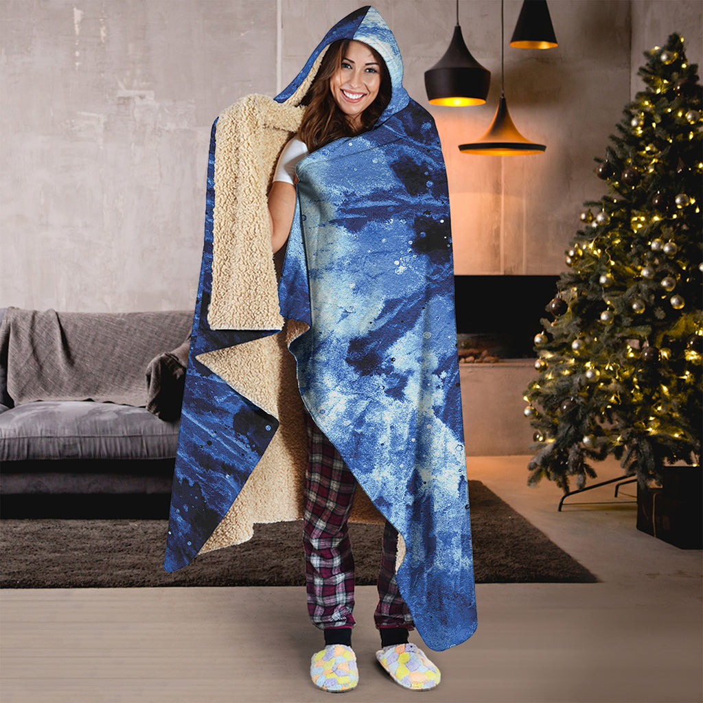 Blue And Black Tie Dye Print Hooded Blanket