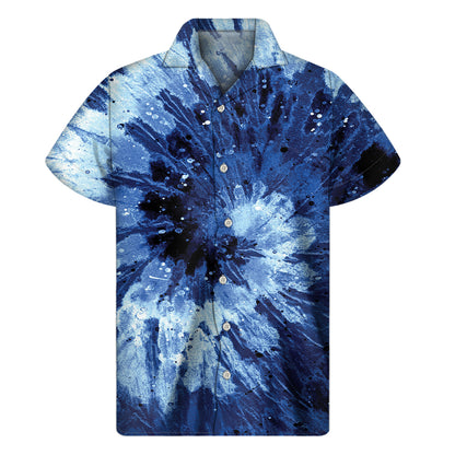 Blue And Black Tie Dye Print Men's Short Sleeve Shirt