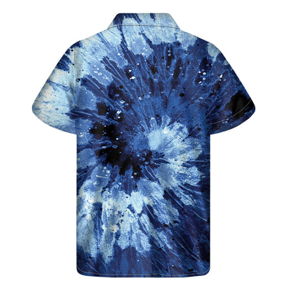 Blue And Black Tie Dye Print Men's Short Sleeve Shirt