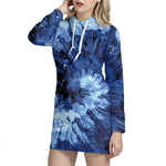Blue And Black Tie Dye Print Pullover Hoodie Dress