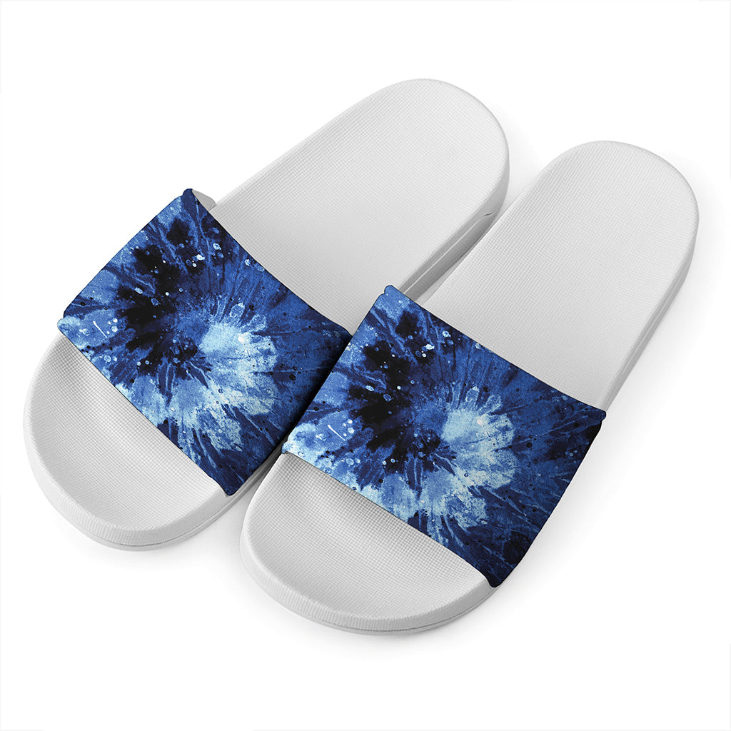 Blue And Black Tie Dye Print White Slide Sandals