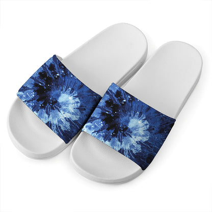 Blue And Black Tie Dye Print White Slide Sandals