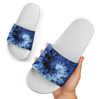 Blue And Black Tie Dye Print White Slide Sandals
