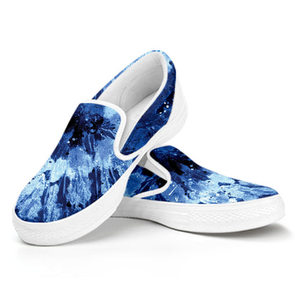 Blue And Black Tie Dye Print White Slip On Shoes