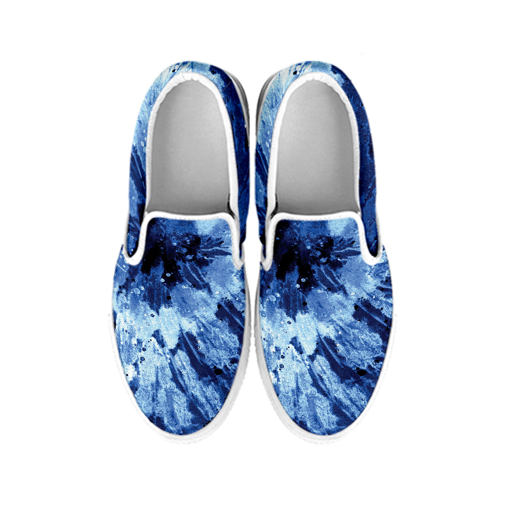 Blue And Black Tie Dye Print White Slip On Shoes