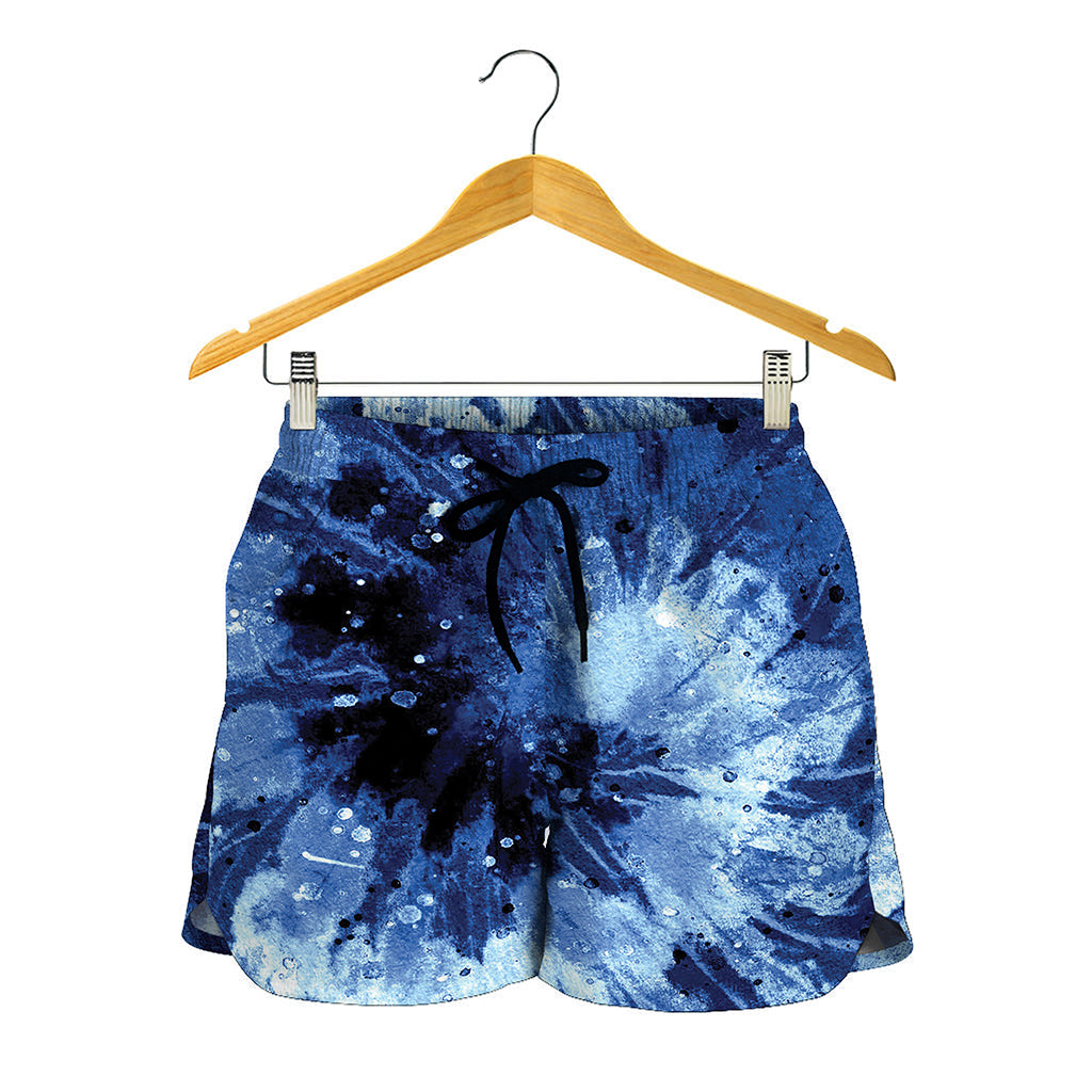 Blue And Black Tie Dye Print Women's Shorts