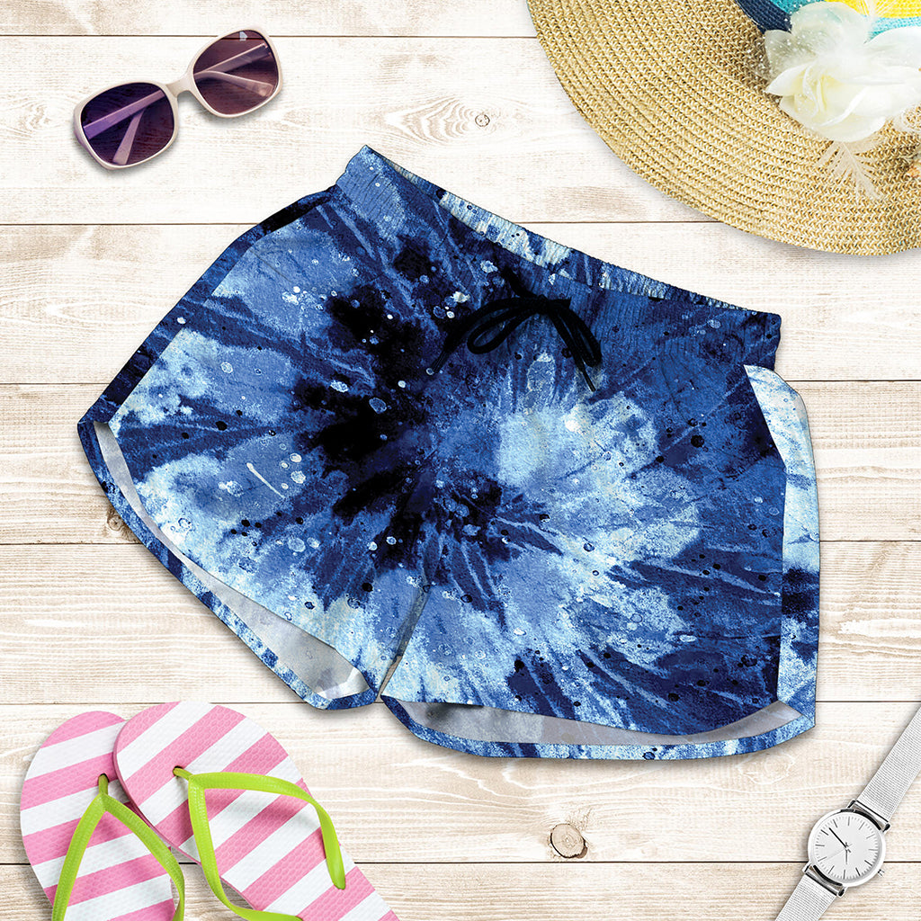 Blue And Black Tie Dye Print Women's Shorts
