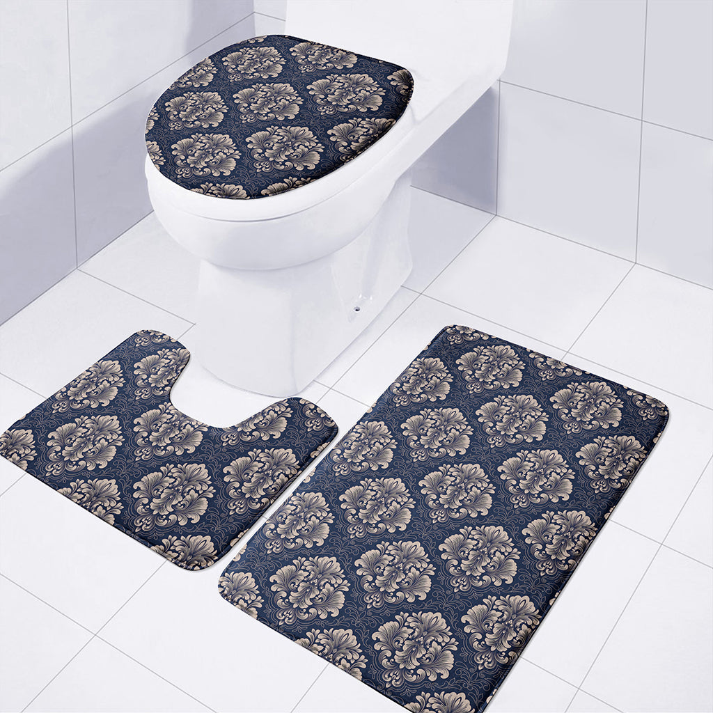 Blue And Brown Damask Pattern Print 3 Piece Bath Mat Set