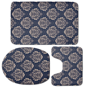 Blue And Brown Damask Pattern Print 3 Piece Bath Mat Set