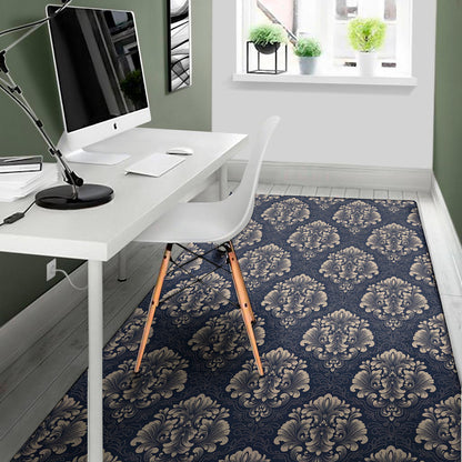 Blue And Brown Damask Pattern Print Area Rug