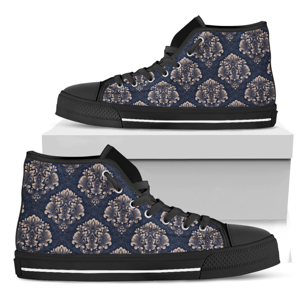 Blue And Brown Damask Pattern Print Black High Top Shoes