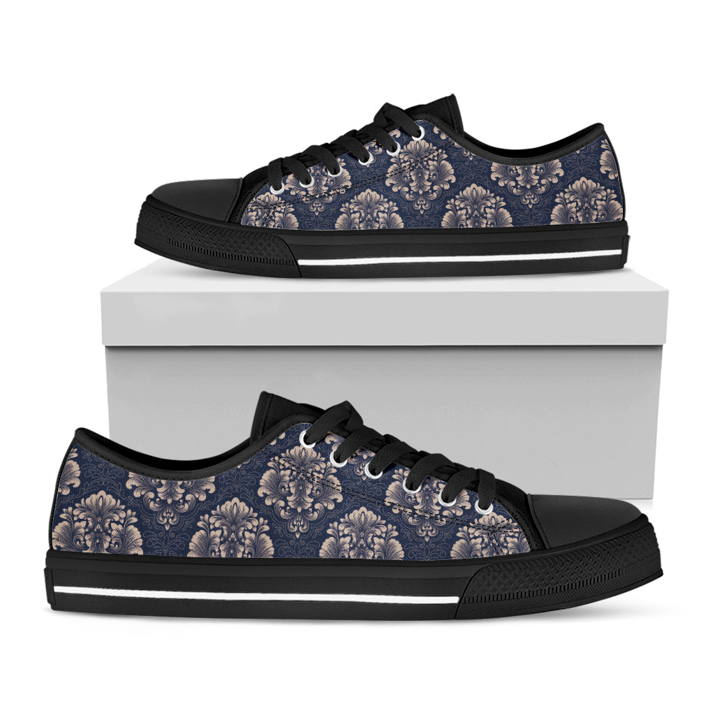 Blue And Brown Damask Pattern Print Black Low Top Shoes
