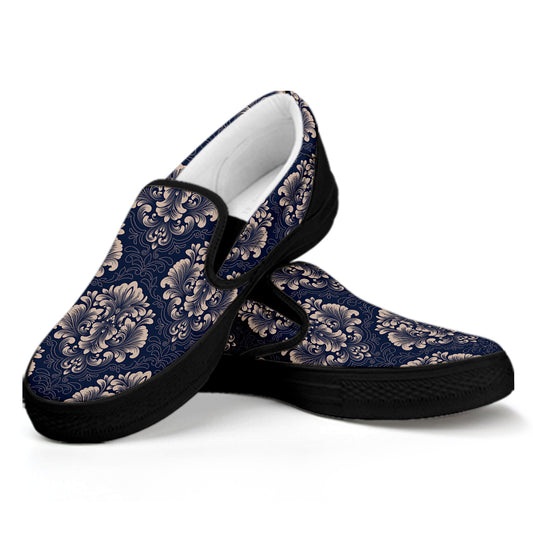Blue And Brown Damask Pattern Print Black Slip On Shoes