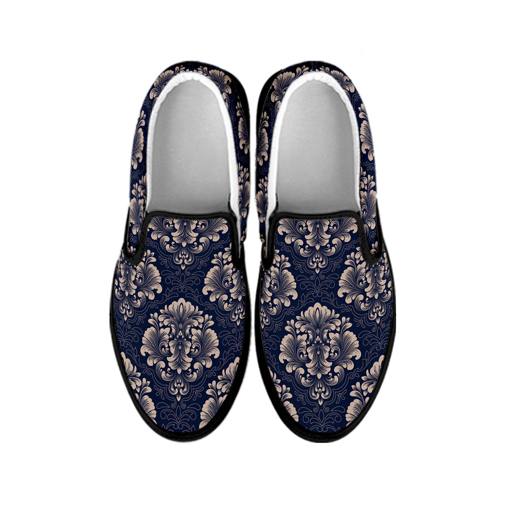 Blue And Brown Damask Pattern Print Black Slip On Shoes