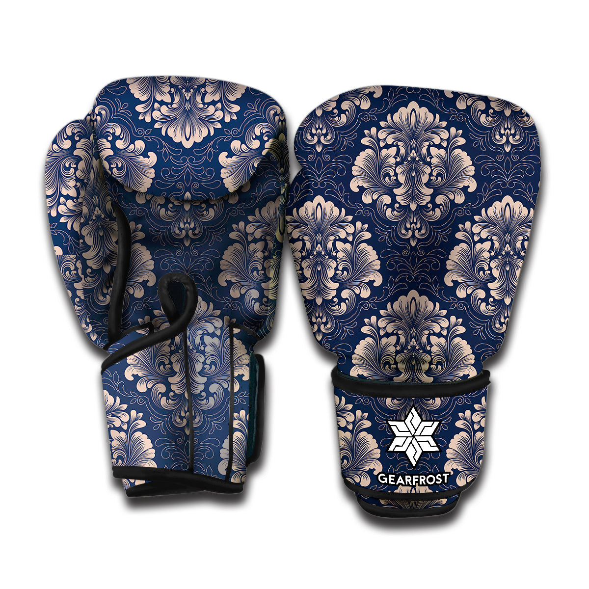 Blue And Brown Damask Pattern Print Boxing Gloves
