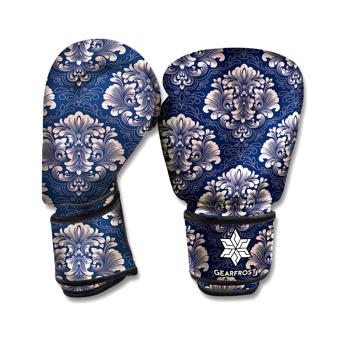 Blue And Brown Damask Pattern Print Boxing Gloves